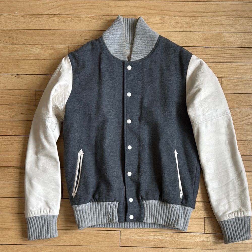 Gray and Cream Wool-Blend Varsity Jacket with Ribbed Collar and Leather Sleeves